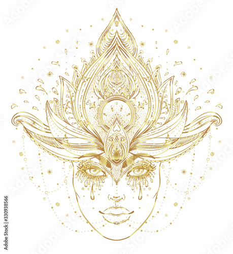 Tribal Fusion Boho Diva in gold. Beautiful Asian divine girl, ornate crown, kokoshnik inspired. Bohemian goddess. Hand drawn elegant illustration. Lotus flower, ethnic art, patterned Indian paisley