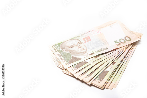 Ukrainian money on a white background. Banknotes five hundred hryvnias. Ukraine. Credit. The crisis. Finance. Place for text