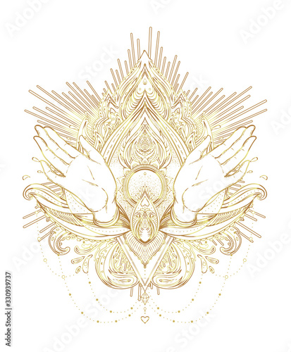 Vector ornamental Lotus flower and praying hands, patterned Indian paisley. Inticate illustration in gold. Invitation element. Tattoo, astrology, alchemy, boho and magic symbol.