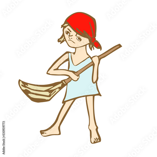 Angry girl in a red bandana and a T-shirt, with a broom. Vector illustration in cartoon style. Isolated on a white background.