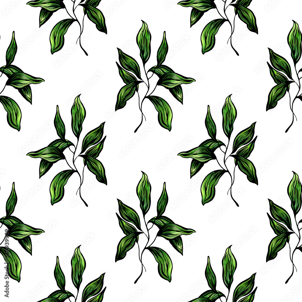 seamless pattern with green leaves isolated on white background Stock ...