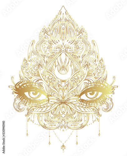 Vector ornamental Lotus flower, all-seeing eye, patterned Indian paisley. Han...