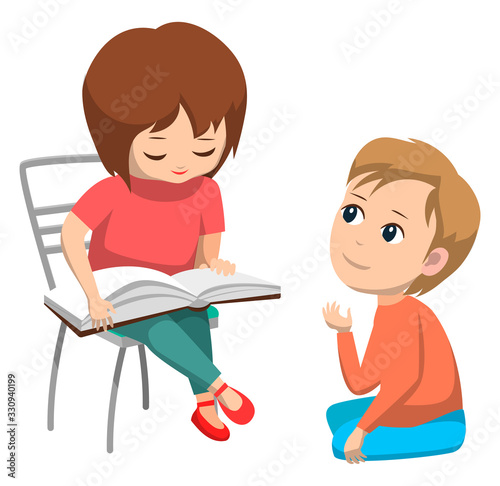 Little girl reading book to boy sitting on floor isolated on white. Elementary school kids, cute children cartoon characters flat vector illustration