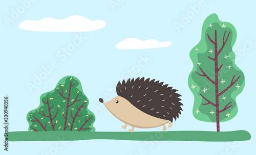 Small hedgehog walking on grass in lawn or wood. Wild animal with prickly coat, needles. Cute cartoon character stroll in forest. Countryside nature with spruces and trees. Vector illustration in flat