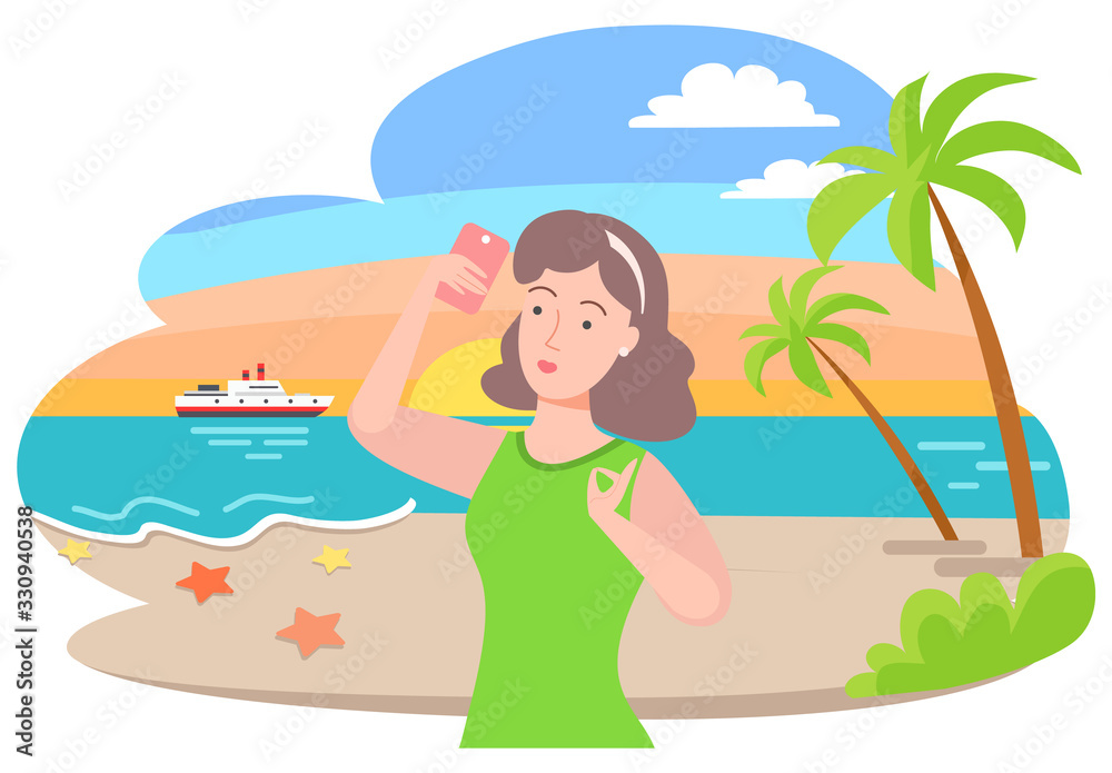 Young woman on beach taking selfie on smartphone camera. Ship sailing in ocean, seashore with palm trees. Summer recreation resort photo vector illustration