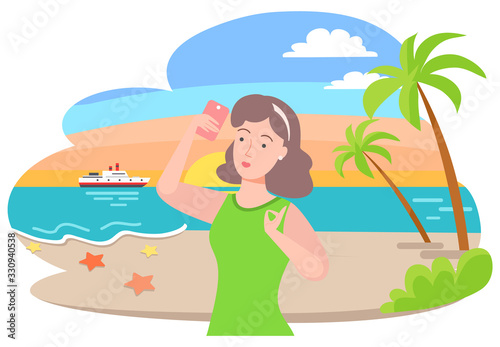 Young woman on beach taking selfie on smartphone camera. Ship sailing in ocean  seashore with palm trees. Summer recreation resort photo vector illustration