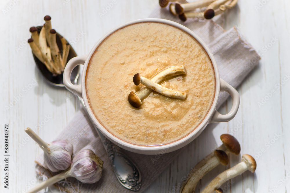 mushroom soup puree with vegetables on chicken broth mushroom soup puree with vegetables on chicken broth