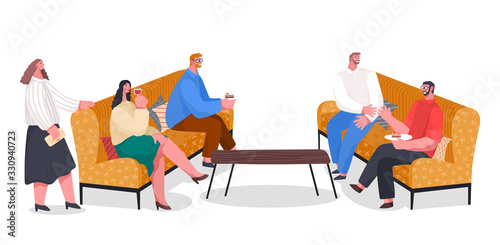 People have dinner, party with food and drinks, home reception. Friends spending leisure time together with fun. Men and women have conversation. Vector illustration of banquet in flat style
