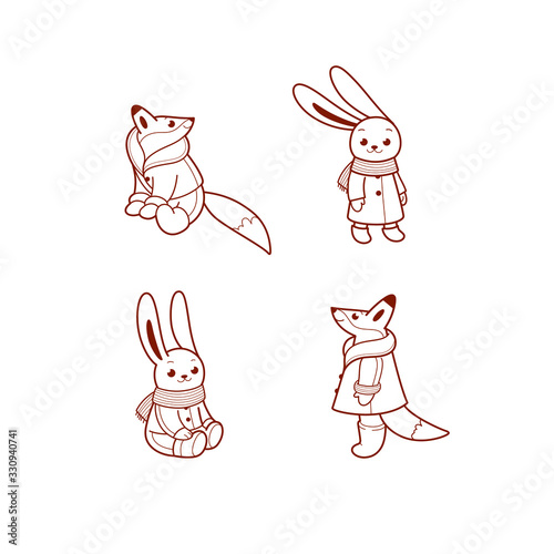 Fairytale animal characters - good fox and buuny in coat. Outline vector illustration with animal for nursery, kids apparel, poster, postcard. photo