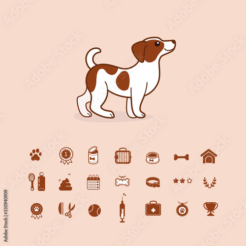 Jack Russell Terrier. Cute dog character with icon set. Vector illustration in cartoon style for poster, postcard. 