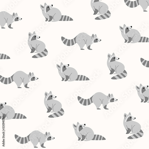 Fototapeta Naklejka Na Ścianę i Meble -  Cartoon happy raccoon - simple trendy pattern with animal. Flat illustration for prints, clothing, packaging and postcards. 