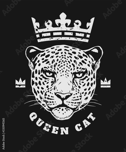 Queen cat. The crown and face of a leopard T-shirt print design on a dark background. Vector illustration.