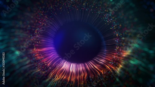 Human multicolored iris of the eye animation concept. Rainbow lines after a flash scatter out of a bright white circle and forming volumetric a human eye iris and pupil. 3d rendering background in 4K.