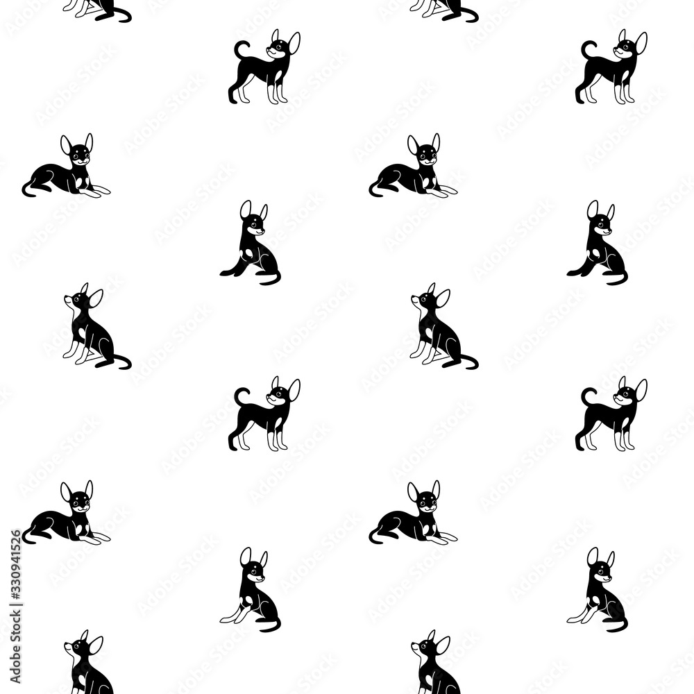 Cartoon happy character -  trendy seamless pattern with toy Terrier. Flat illustration.