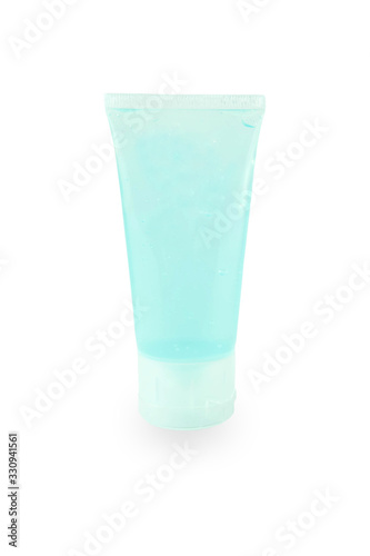 Antiseptic gel tube isolated on white background. Alocohol based hand sanitizer. Hygiene, disinfection and health care concept. photo