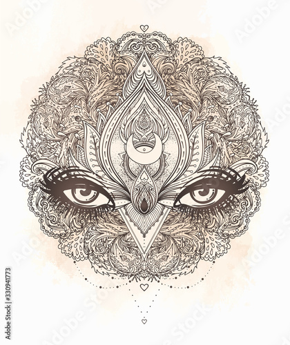 Vector ornamental Lotus flower, all-seeing eye, patterned Indian paisley. Han...