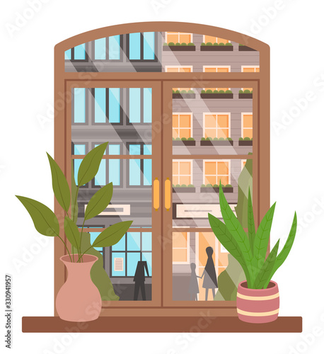 View from window from inside. Modern interior of home or flat with plants and decoration. Scenery with cityscape or townscape with street and citizens of big city. Isolated windowsill vector