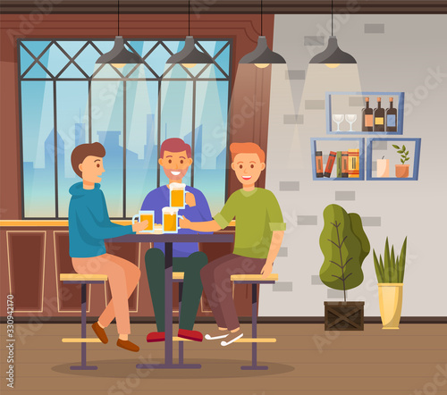 Friends spending time together drinking booze in bar. Meeting of three men with alcohol drinks like beer. People sit in pub and talk about life. Cafe interior with decor. Vector illustration in flat