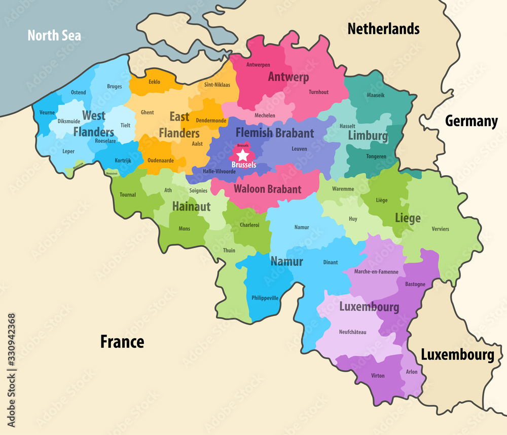 Belgium administrative districts vector map with neighbouring terrotories