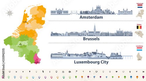 Vector regions map of Belgium, Netherlands and Luxembourg. Amsterdam, Brussels and Luxembourg City flat style skylines in dark blue color palette. Navigation and location icons