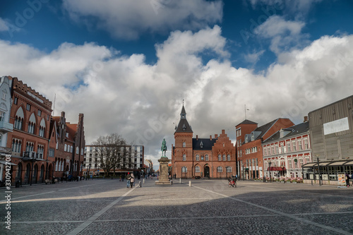 Esbjerg city center main square with King Christian IX statue. Denmark