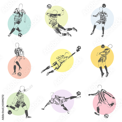vector set of football (soccer) players illustrations icons with colorful poster elements on background