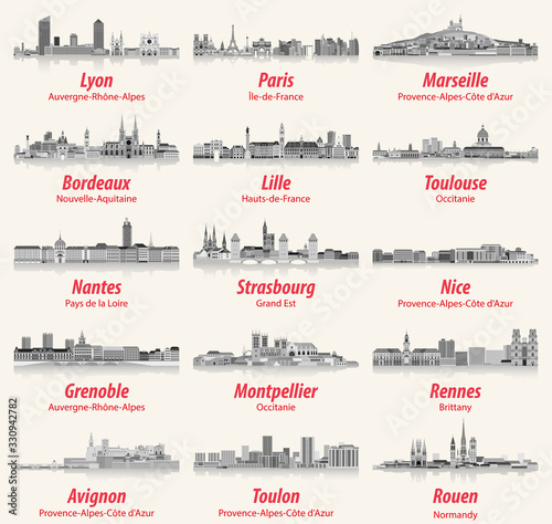 French cities skylines flat style isolated icons in black and white color palette. Vector illustration