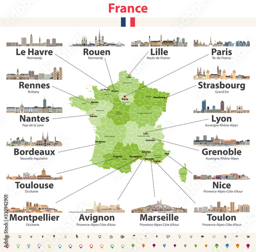 vector map of France with main cities on it. French cities skylines detailed icons