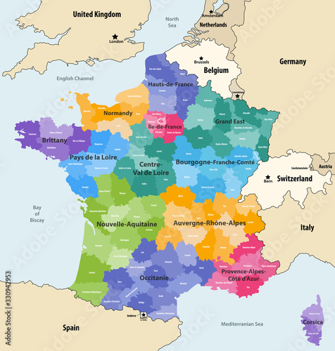 France administrative regions and departments vector map with neighbouring countries and territories