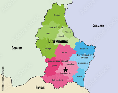 map of Luxembourg cantons colored by districts, with neighbouring countries. Vector illustration