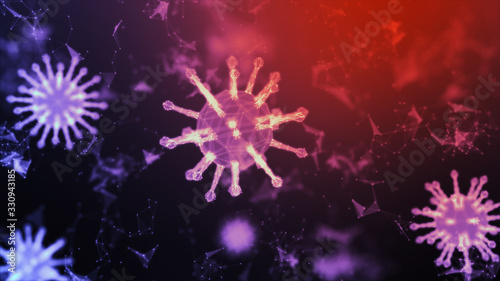 3D Rendering wireframe virus for Covid-19 Coronavirus outbreak concept,  virus 2019-ncov flu outbreak, 3D medical of floating influenza virus cells in microscopic view, World pandemic risk concept © Kaikoro