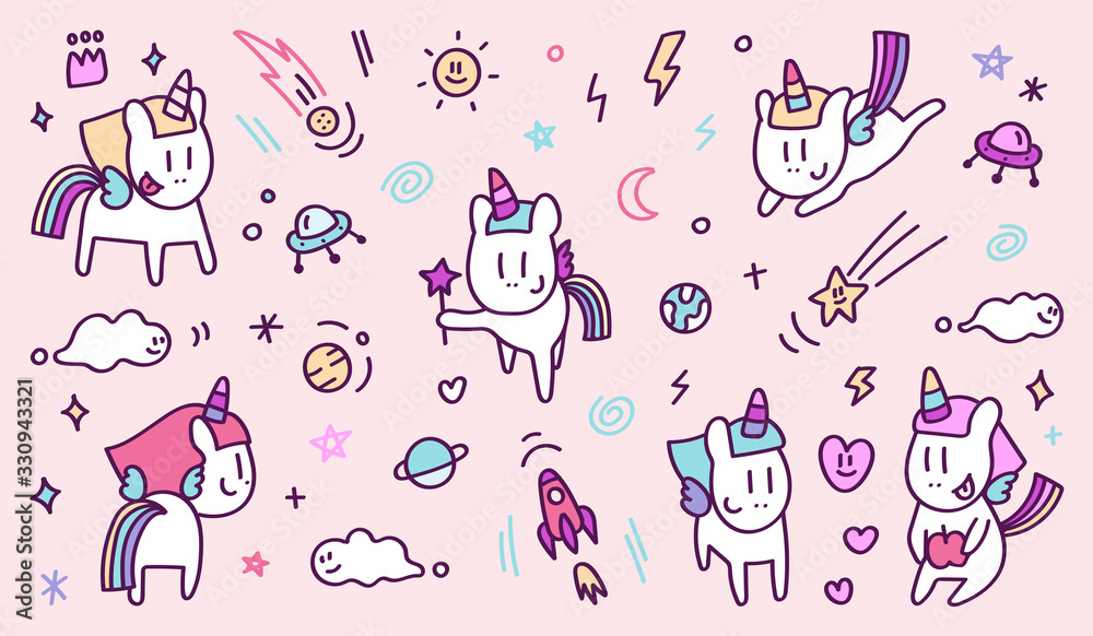 Unicorn and cute doodle vector set. Hand drawn Vector design element for kids and prints. Unicorn and cute doodle vector set. Hand drawn Vector design element for kids and prints.
