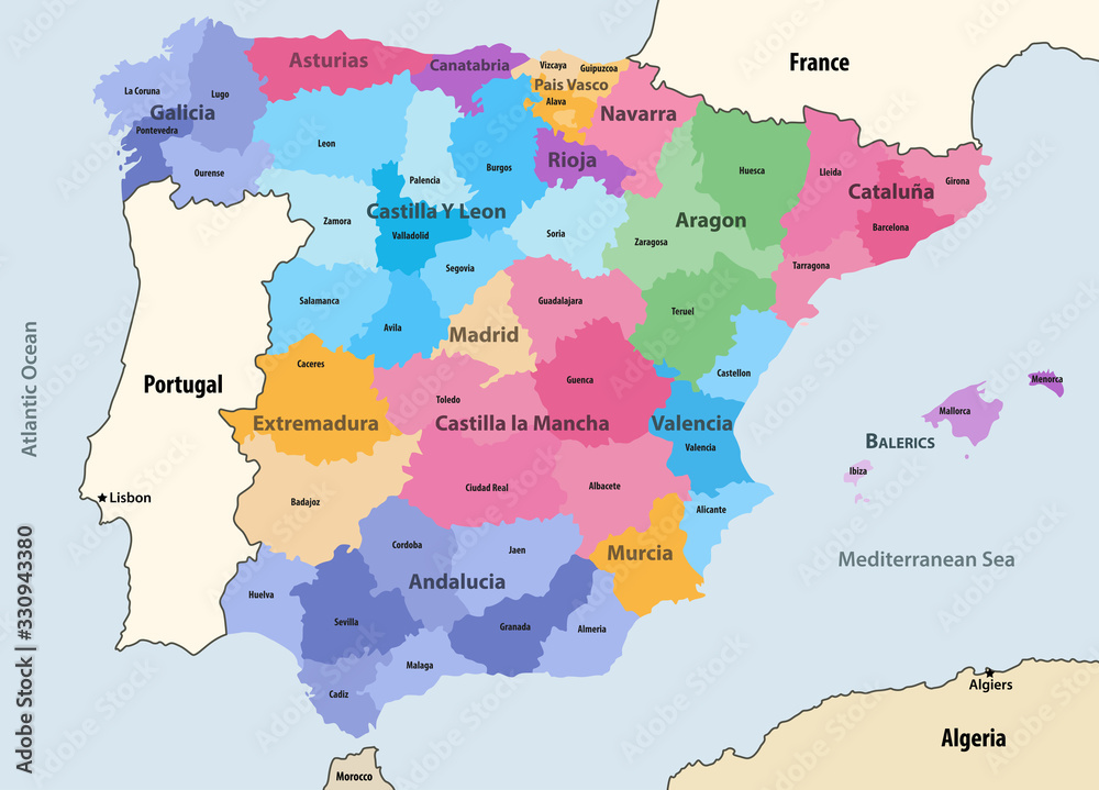 Spain autonomous communities and provinces vector map with neighbouring countries and territories
