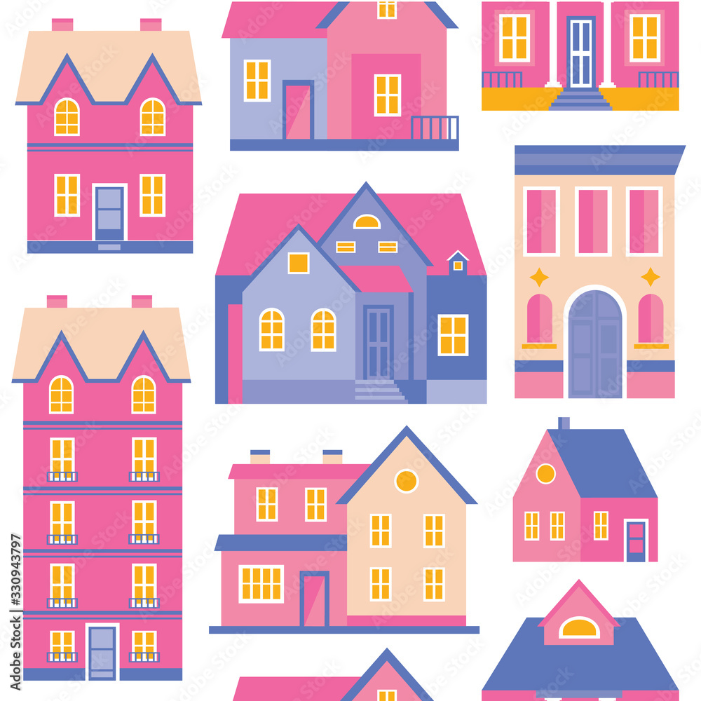 seamless pattern with houses, trees and hand drawn elements, vector illustration. Pink cozy house for paper, textile and others.