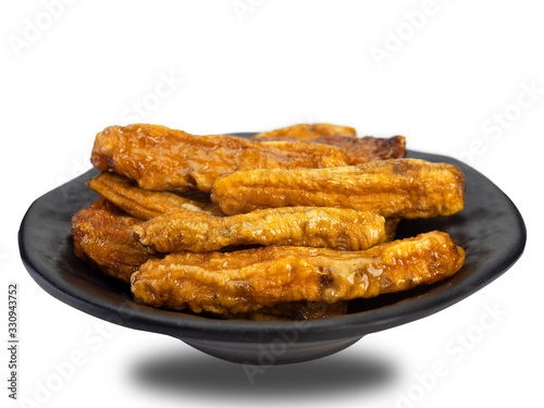 Dried bananas , Dried fruit on white background. (clipping path)
