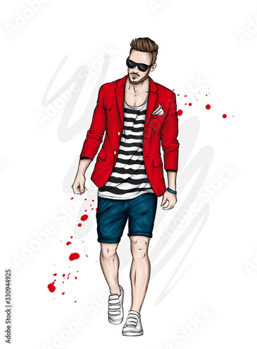 A handsome guy in shorts, blazer and a T-shirt. A sporty man in summer clothes. Vector illustration for a postcard or a poster.