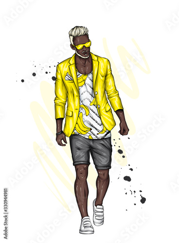 A handsome guy in shorts, blazer and a T-shirt. A sporty man in summer clothes. Vector illustration for a postcard or a poster.