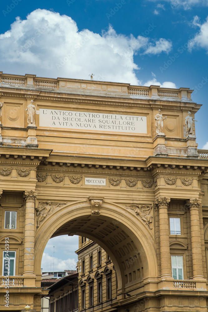 An ancient arch in a famous square in Florence, Italy