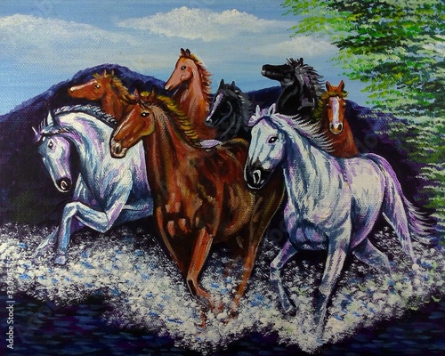 Art painting Acrylic color Running eight horses Lucky