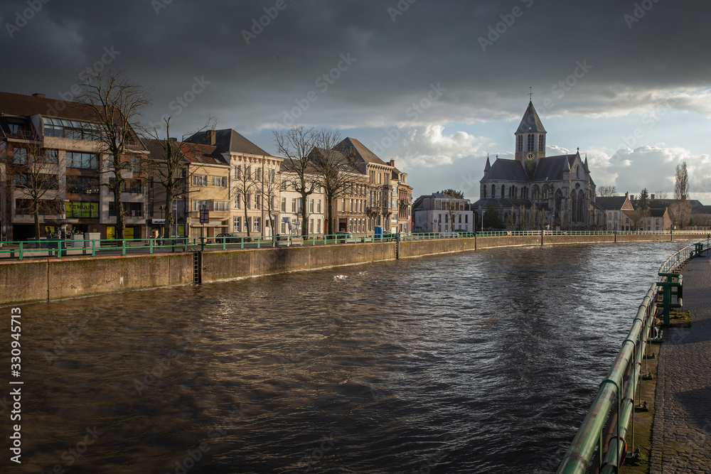 Barge at river Schelde Belgium. Oudenaarde. 