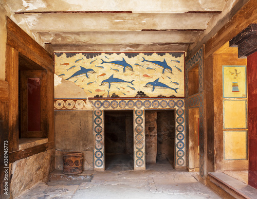 The Palace of Knossos, fresco depicting dolphins and fishes, bathroom, Unknown artist. about 1800-1400 BC. Heraklion, Crete, Greece