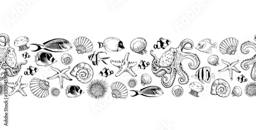 Seamless horizontal border with octopus, fishes and underwater creatures.