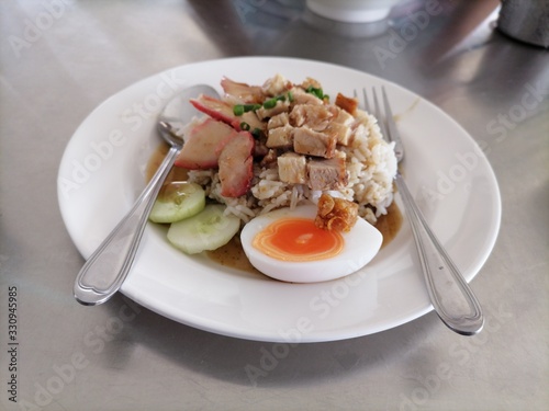 Rice, red pork, crispy pork, Thailand fast food