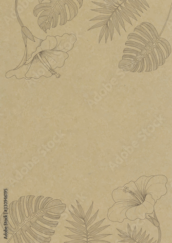 Hibiscus and plant frame drawn on kraft paper