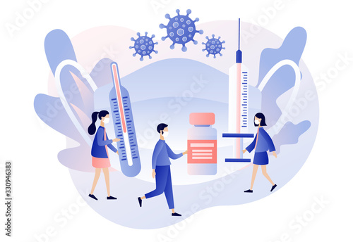 Coronavirus concept. Stop novel coronavirus (2019-nCoV). COVID-19 prevention. Tiny people with big white medical face mask. Modern flat cartoon style. Vector illustration on white background