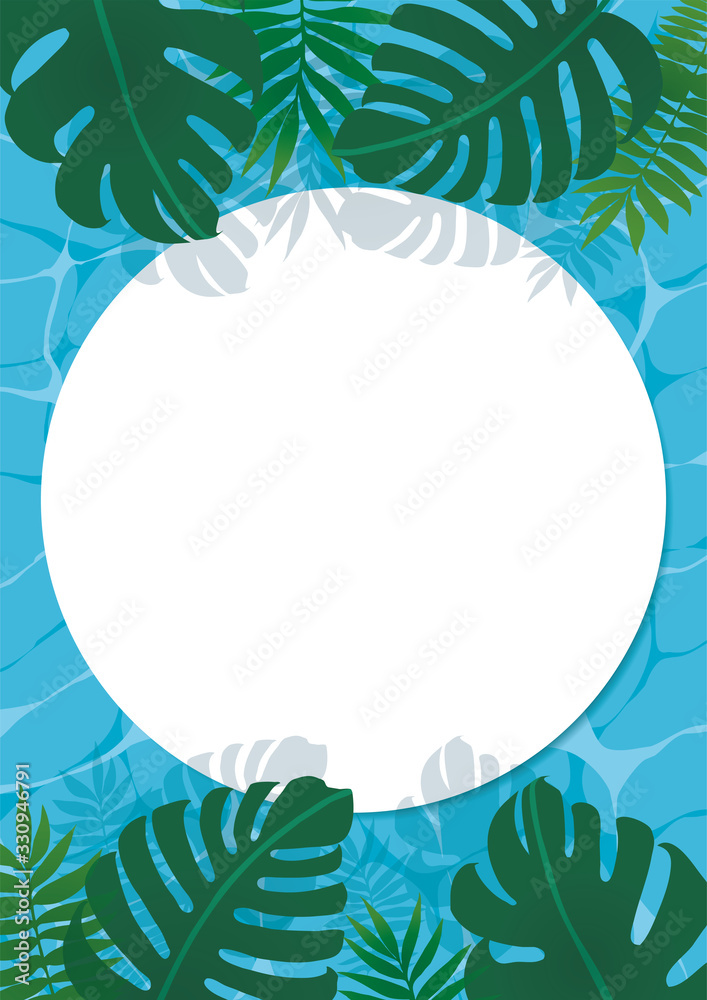 Tropical plants and water background frame