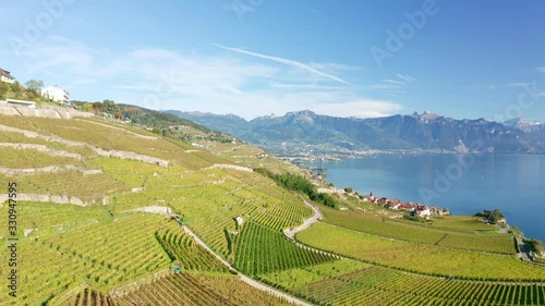 Copter flight through Lavaux vineyars at Lake Geneva shoreline in Switzerland. Lake Geneva at background photo