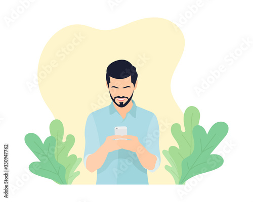 Smiling happy young man with beard holding and looking or staring at white phone or smartphone. Guy chat online. Internet conversation. Customer service concept - Simple flat vector illustration.