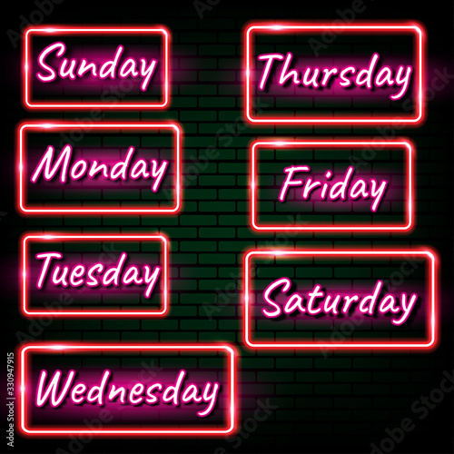 days of the week neon light banner. Vector Illustration.design template, modern trend design, night neon signboard.