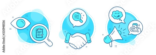 Approved checklist, Yummy smile and Skin condition line icons set. Handshake deal, research and promotion complex icons. Share call sign. Accepted message, Comic chat, Search magnifier. Vector